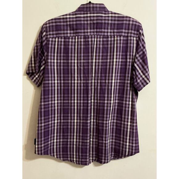 PERRY ELLIS Men's Shirt Large Violet white Plaid Short Sleeve Linen Cotton - Picture 3 of 8